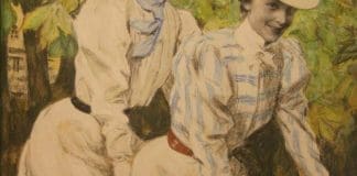 Paul Rieth- Zwei Mädchen auf dem Fahrrad Entwurf fu?r ein Titelbild der Zeitschrift Jugend- 1899-Stiftung Sammlung Wulff Lennestadt