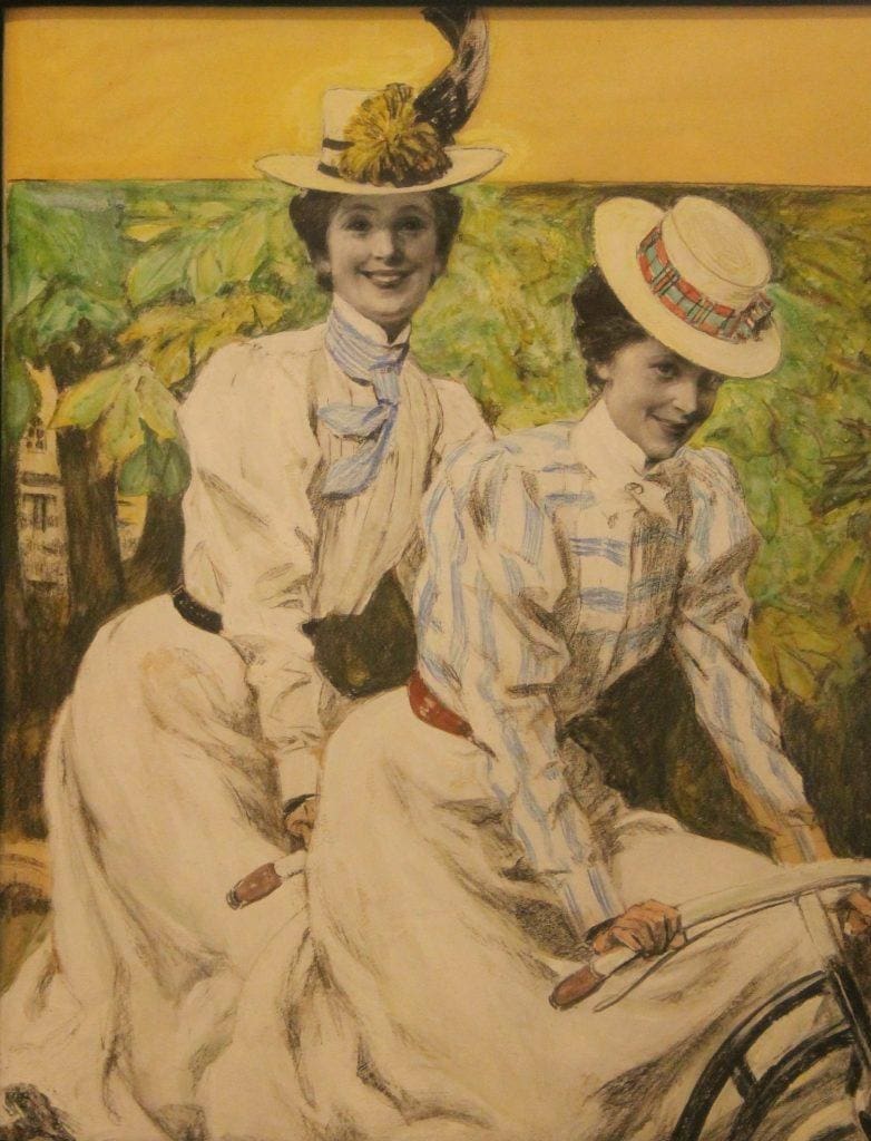 Paul Rieth- Zwei Mädchen auf dem Fahrrad Entwurf fu?r ein Titelbild der Zeitschrift Jugend- 1899-Stiftung Sammlung Wulff Lennestadt